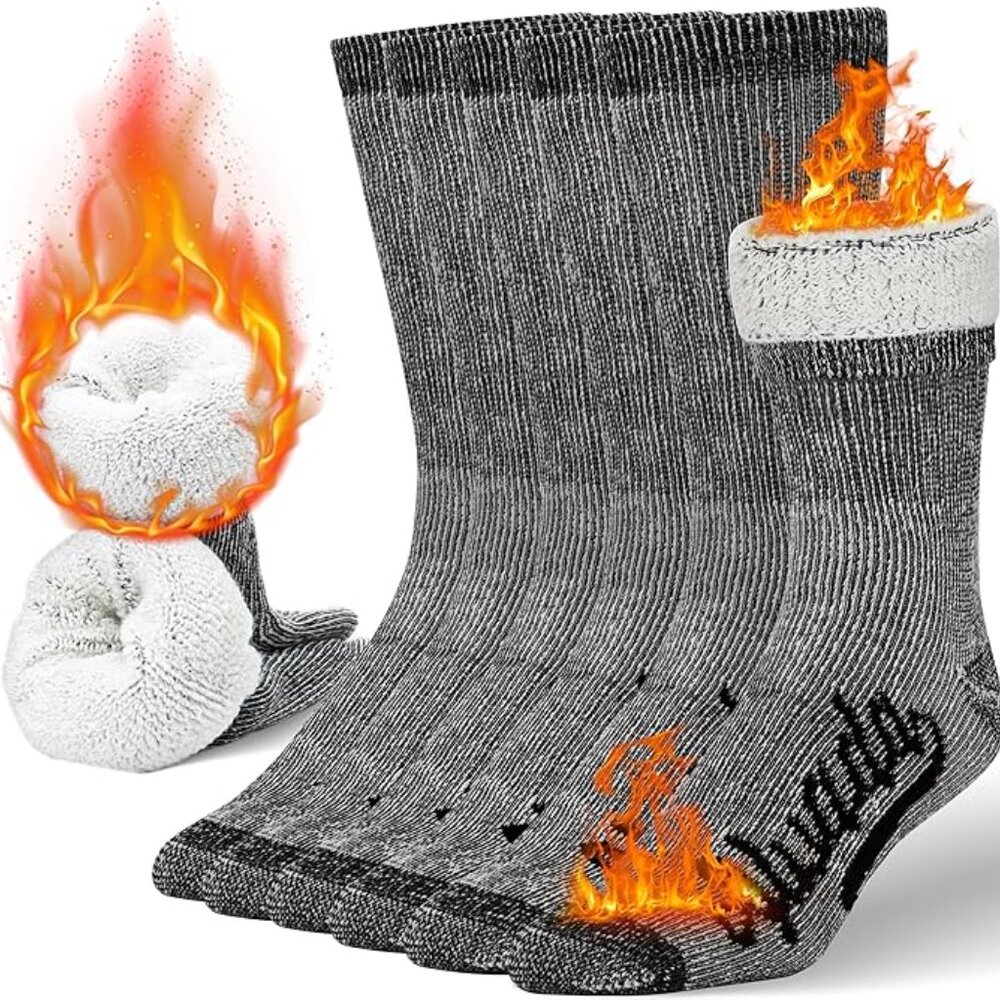 3 Pairs Gray Mens Merino Wool Crew Socks Thermal‎ and Warm Socks for Winter